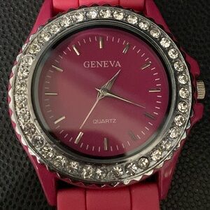 Geneva Pink Silicone band watch with rhinestones